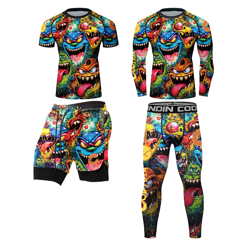 Rash Guard - เสื้อรัดกล้ามเนื้อผู้ชายลายกราฟฟิตี้มอนสเตอร์สีสันสดใส 3 มิติ แขนยาว/แขนสั้น เลกกิ้งและกางเกงขาสั้นสำหรับ MMA