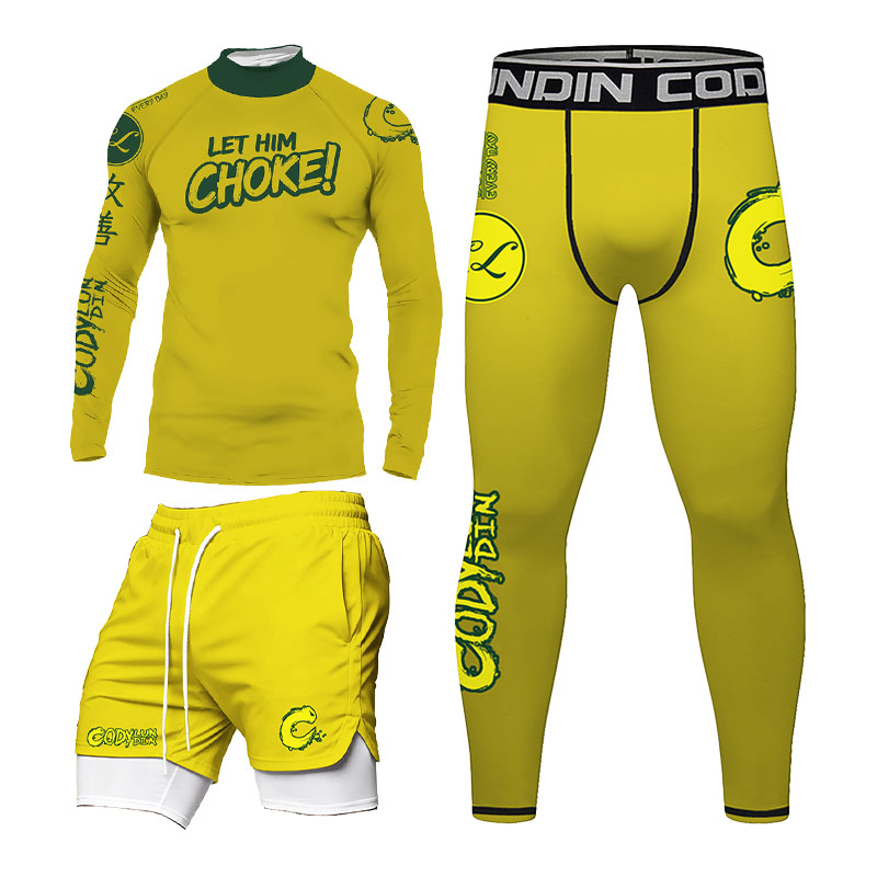 Rash Guard - ชุดแรชการ์ดสำหรับผู้ชาย BJJ สำหรับบราซิลเลียนยูยิตสู MMA, กางเกงขาสั้น 2-in-1